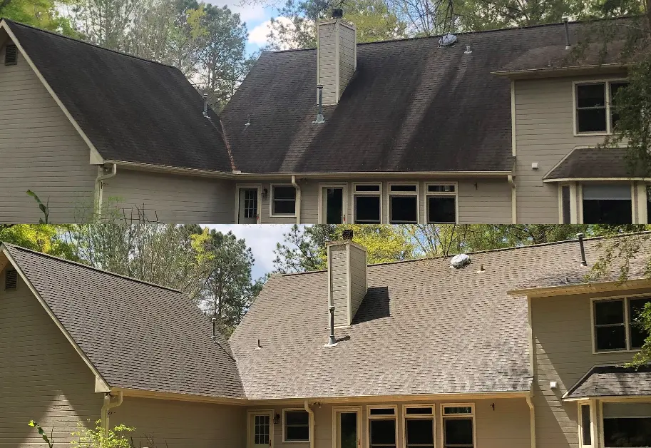 before and after comparison featuring dirty roof and clean roof
