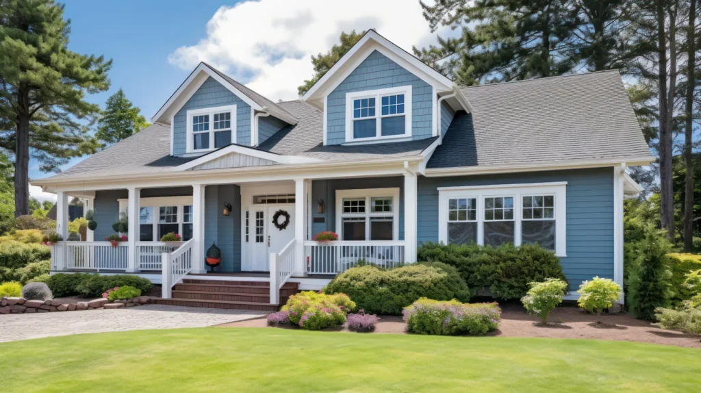 Blue house with white trim and a gray roof in Rogers