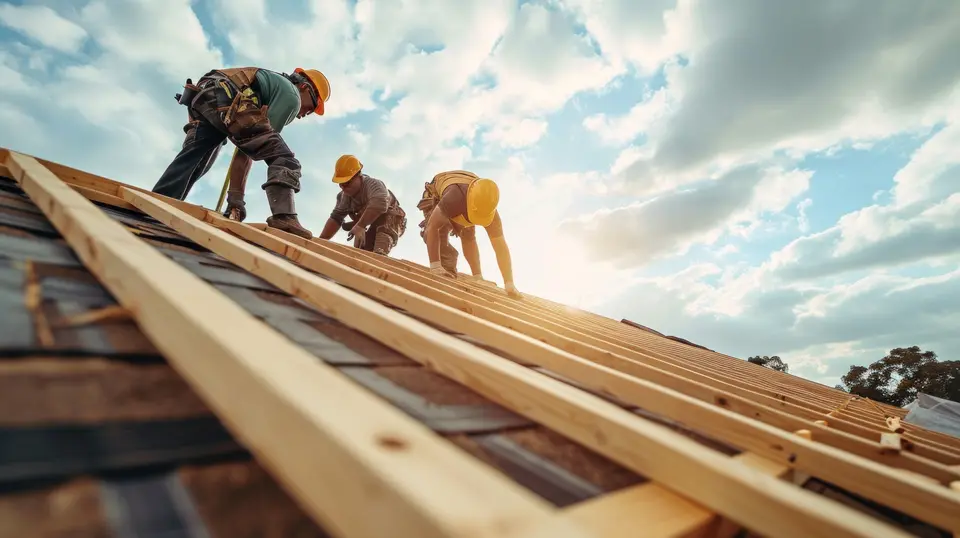 Construction workers replacing a roof in Bloomington