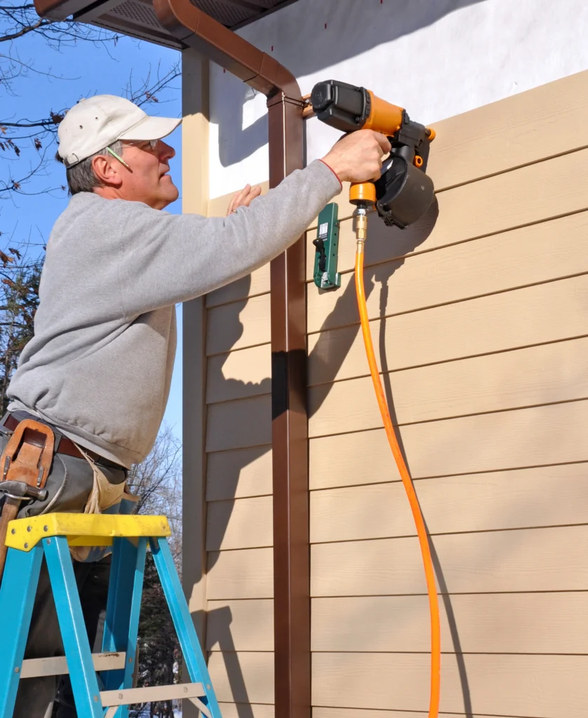 man installs brown siding onto a house