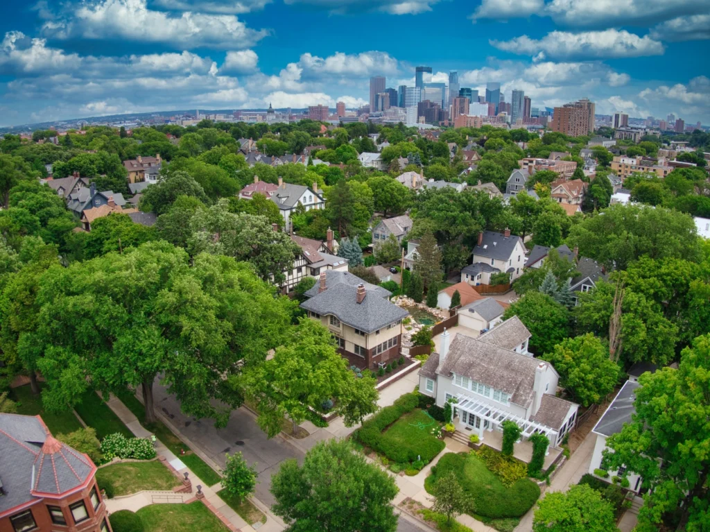 Downward aerial view of minneapolis homes with new roofs