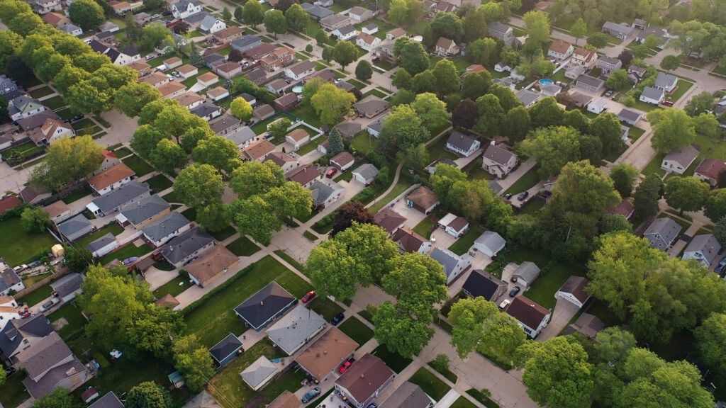 Aerial view of residential home with new roof in bloomington mn