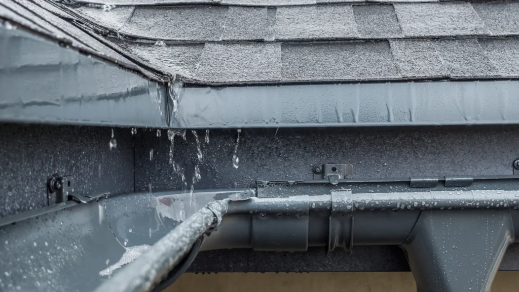 close up of shingle roof and gutters with storm damage roof repairs