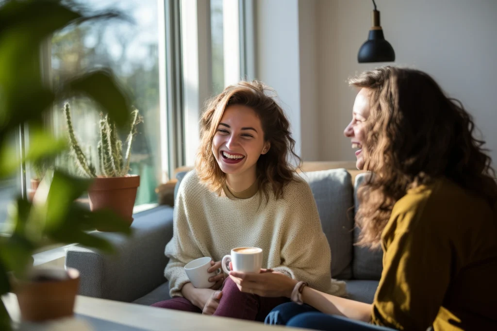 young happy homeowners in stillwater mn drink coffee on the couch