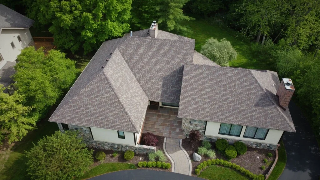 aerial view of modern shingle roof of house