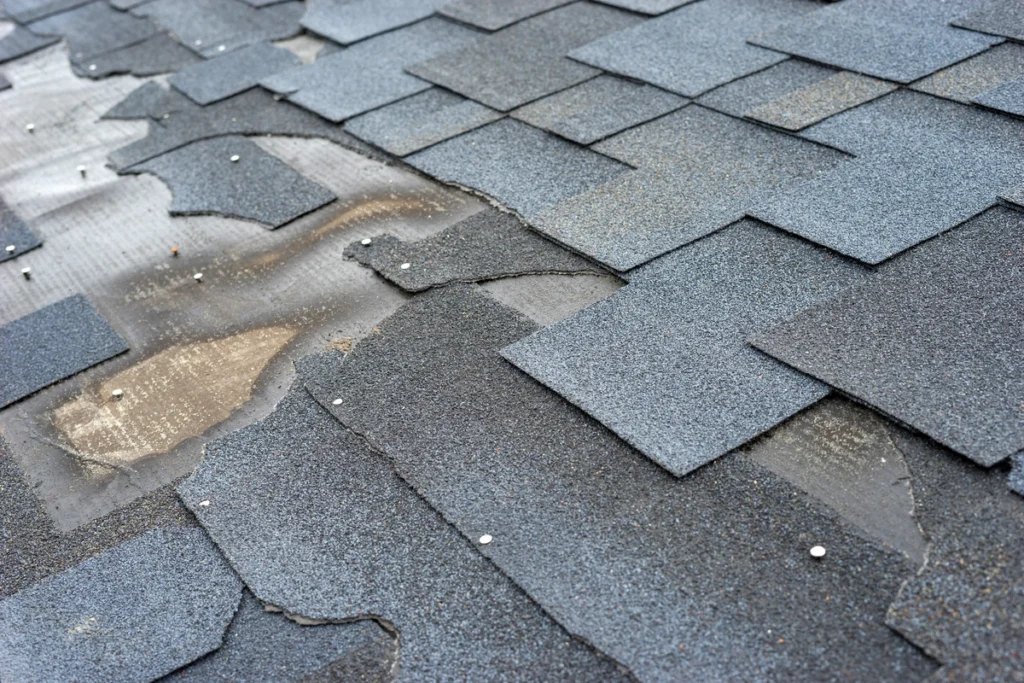 close up to missing shingles on roof