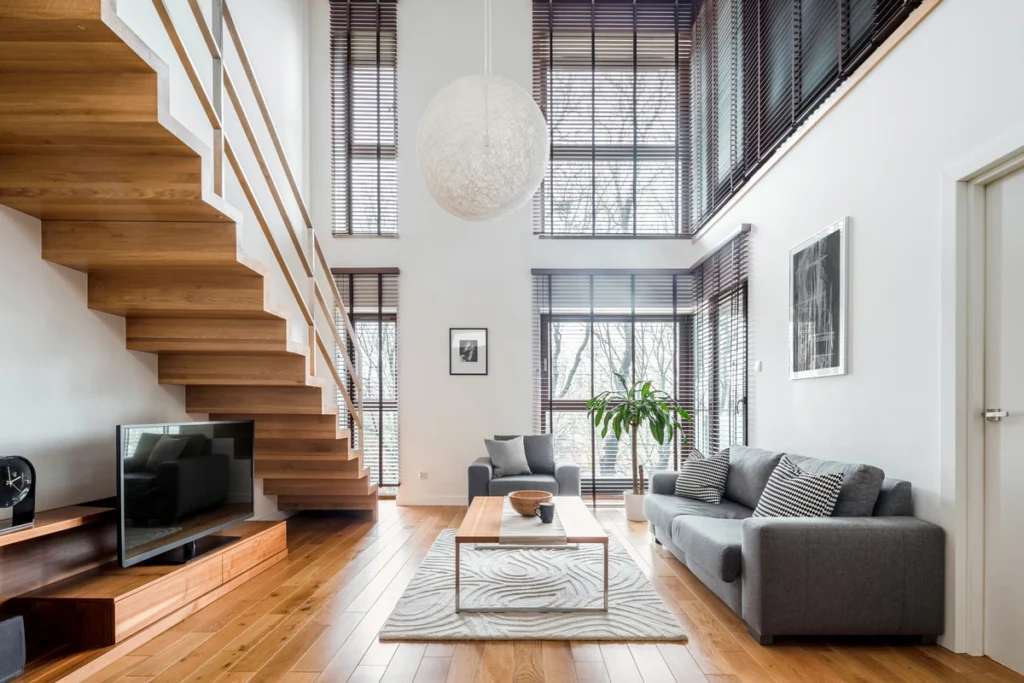 loft with tall windows