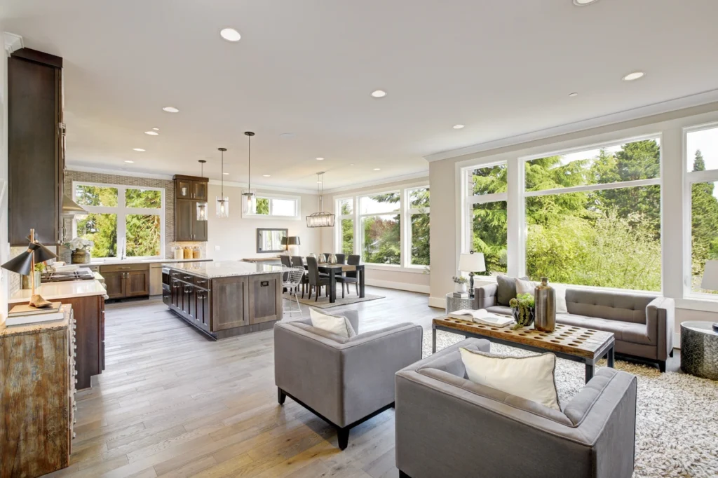 windows in kitchen and living room