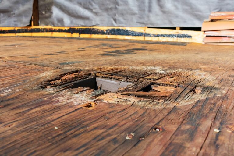 Plywood decking damage and water stains from rain water standing, leaking on roof sheathing near downspout hole. Stucco sidewall and flat roof with removed flashing and open sheathing plywood layer